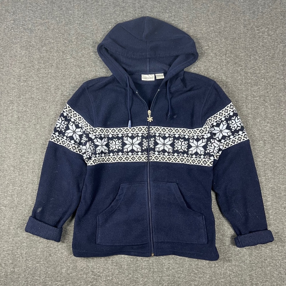 Vintage Fashion Bug Nordic Fair Isle Fleece Hoodie Womens Large Navy Gorpcore